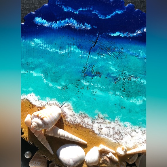 Beach Acrylic Artwork on Wood Slice - Picture 3 of 9